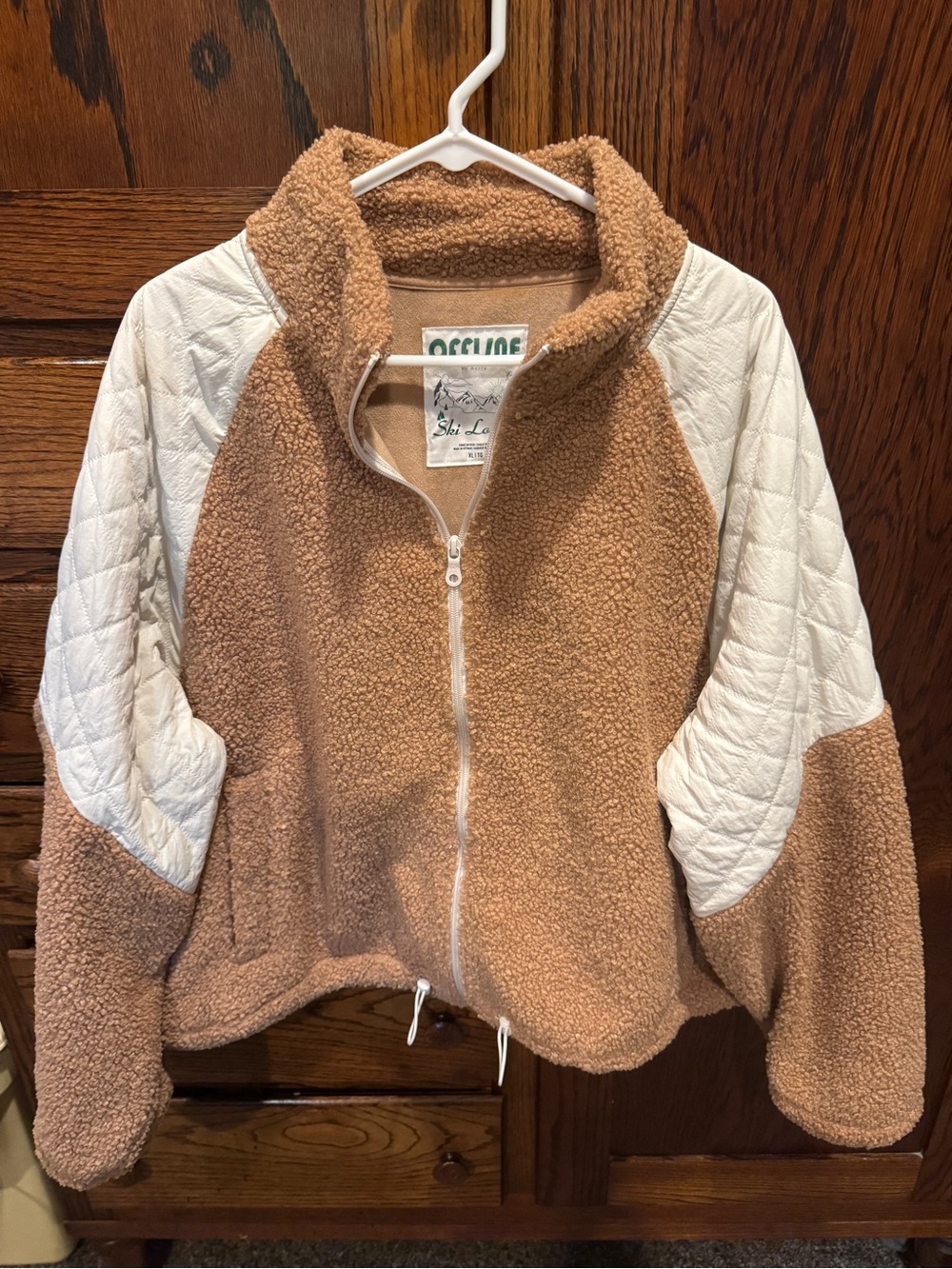Offline Ski Lodge Women's Tan Sherpa Jacket with White Quilted Sleeves
